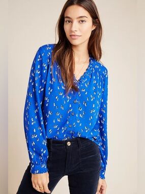 Marisol Ruffled Blouse by Maeve for Anthropologie Size 16W Penguins